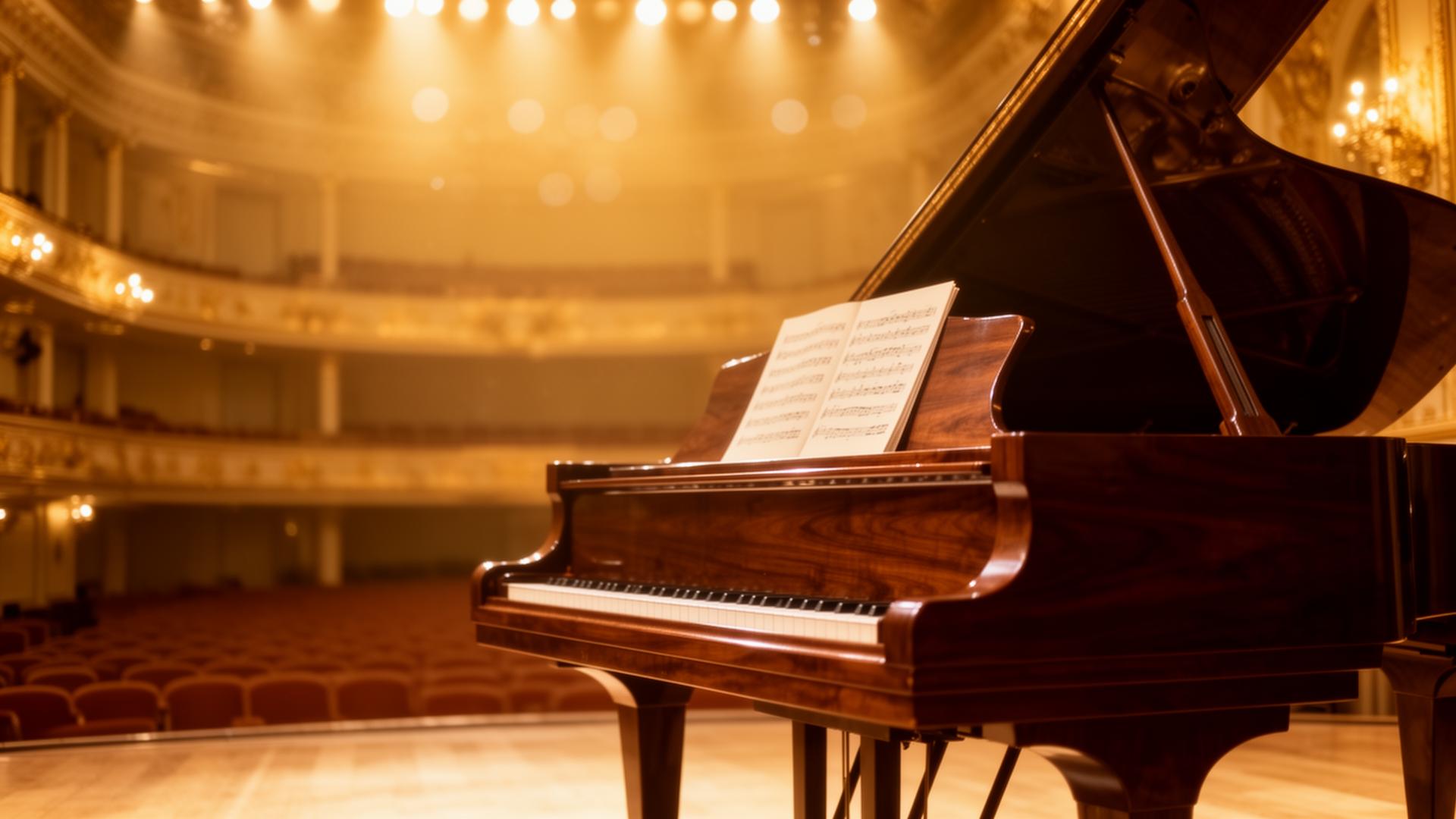 Grand piano in a warmly lit classical concert hall